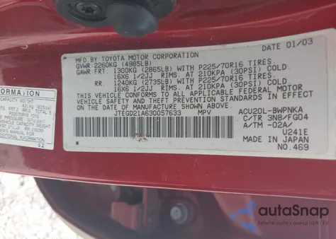 2003 Toyota Highlander из США, поврежденный, VIN JTEGD21A630057633